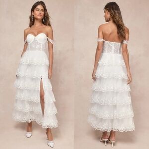 Lulus Luxe Beauty White Embroidered Tiered Off-the-Shoulder Dress Wedding Party